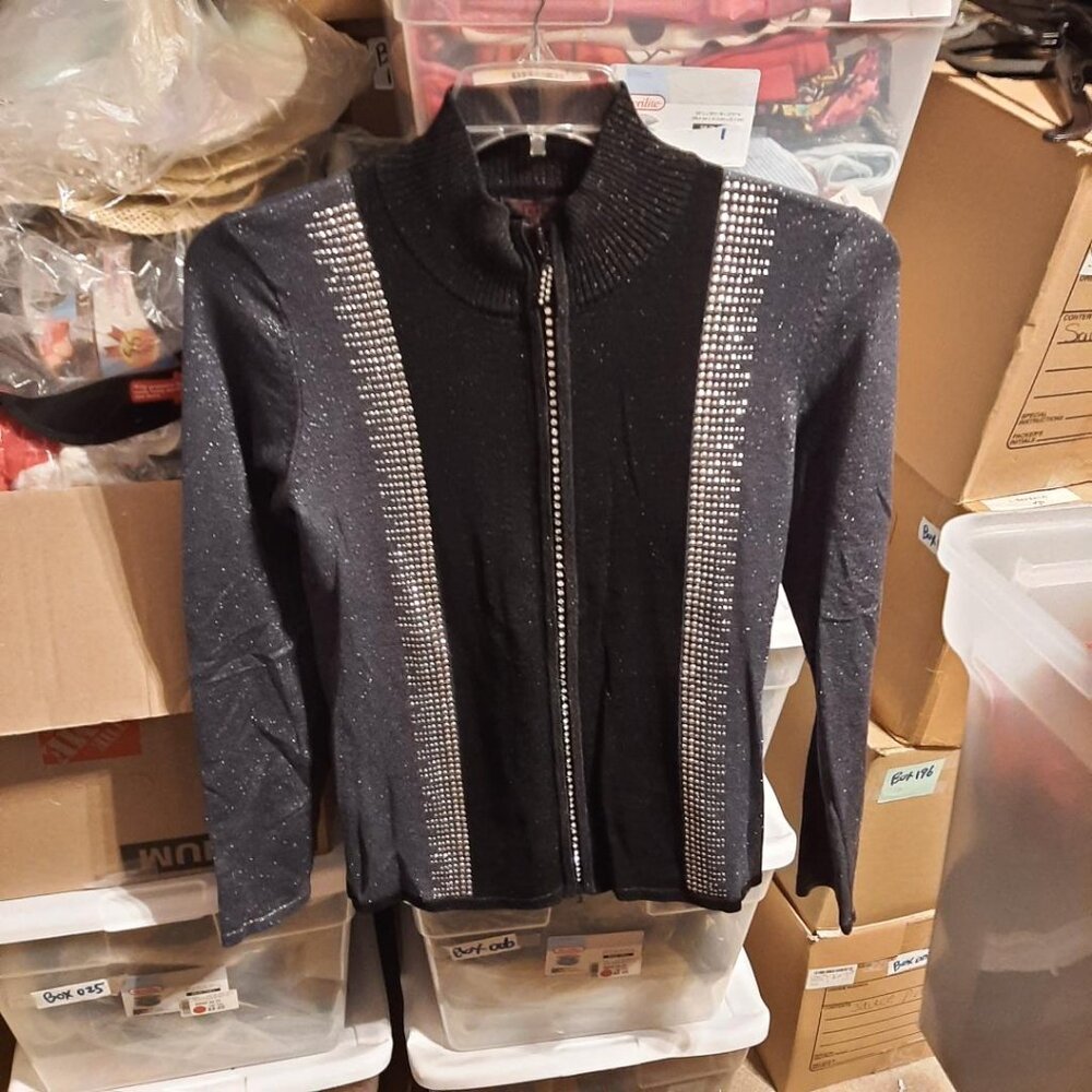 NEW TAG ! Fontana Black Ribbed Shimmer Jeweled Zip Up Sweater Size S